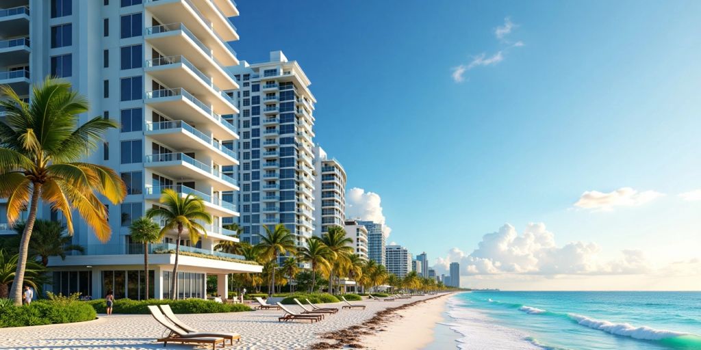 Sunny Isles beachfront condos and palm trees