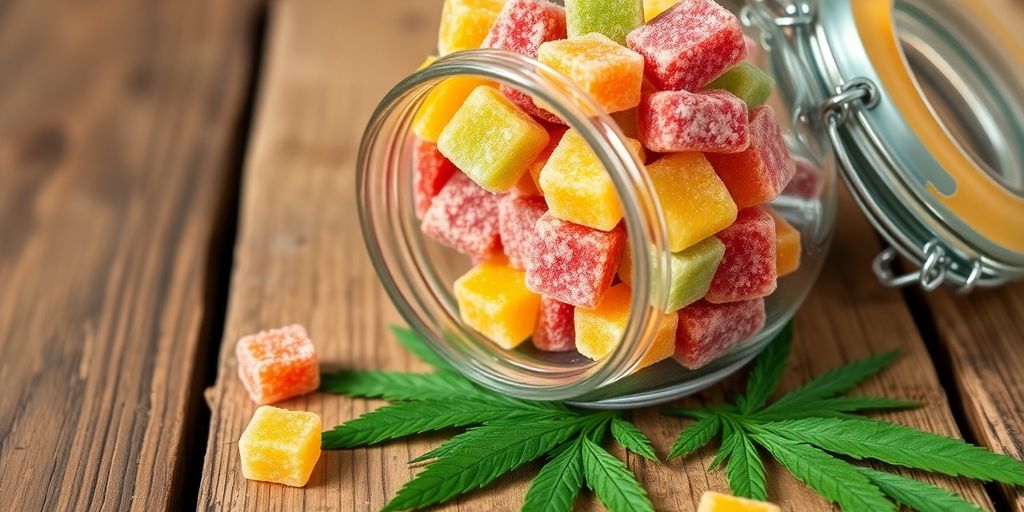 CBD gummies in a jar with hemp leaves.