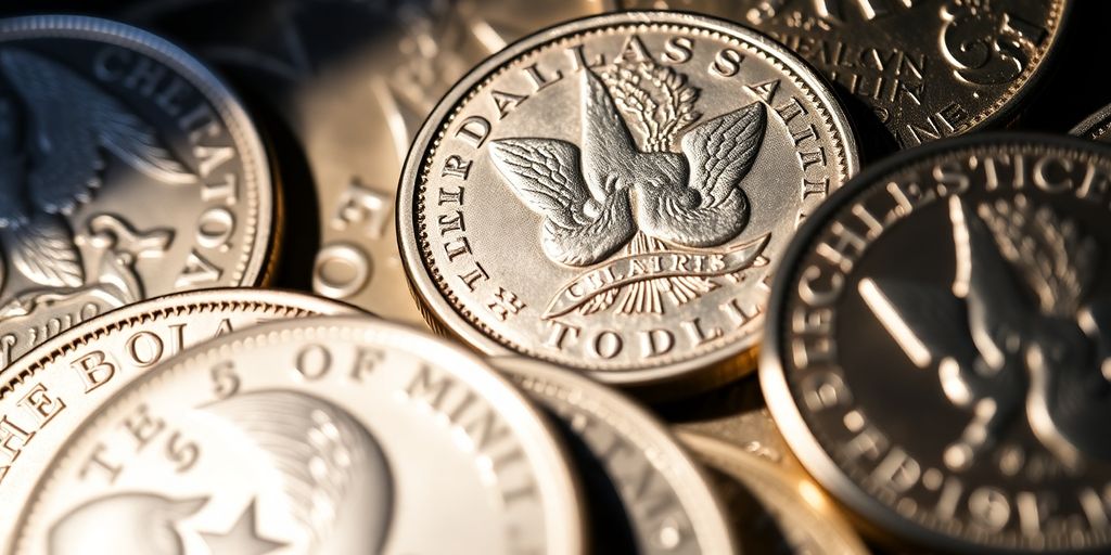 Silver dollar coins displayed at the Dallas Mint.