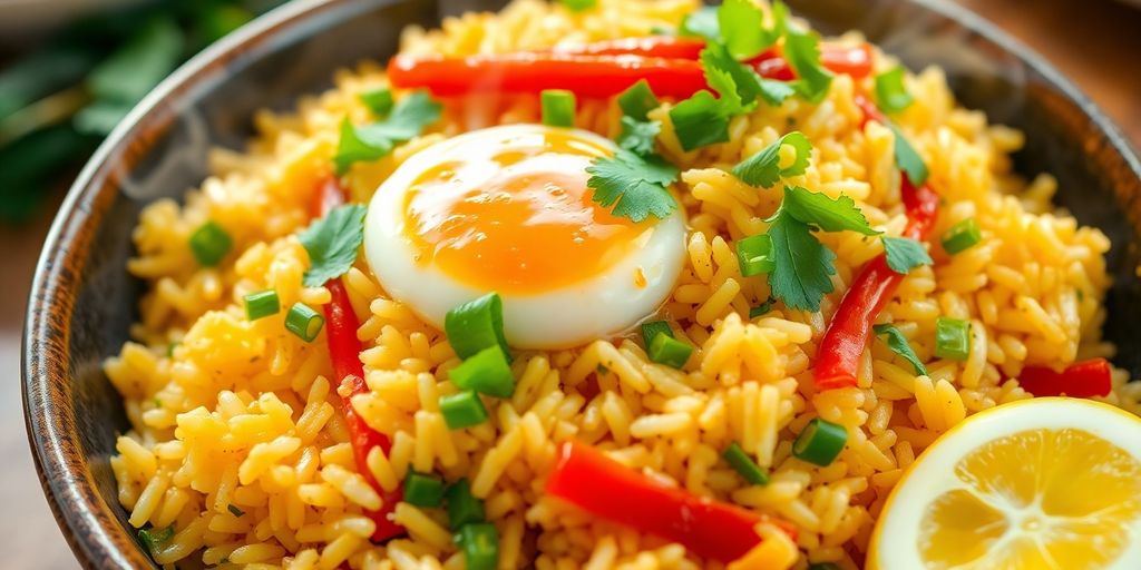 ข้าวผัดไข่ร้อนๆ พร้อมผักสดและสมุนไพร