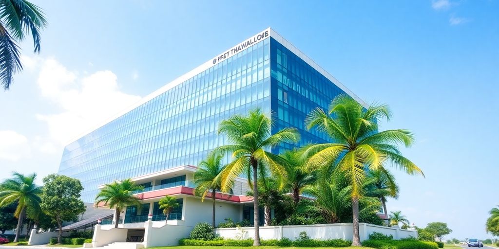 Thai office building with residential property in foreground.
