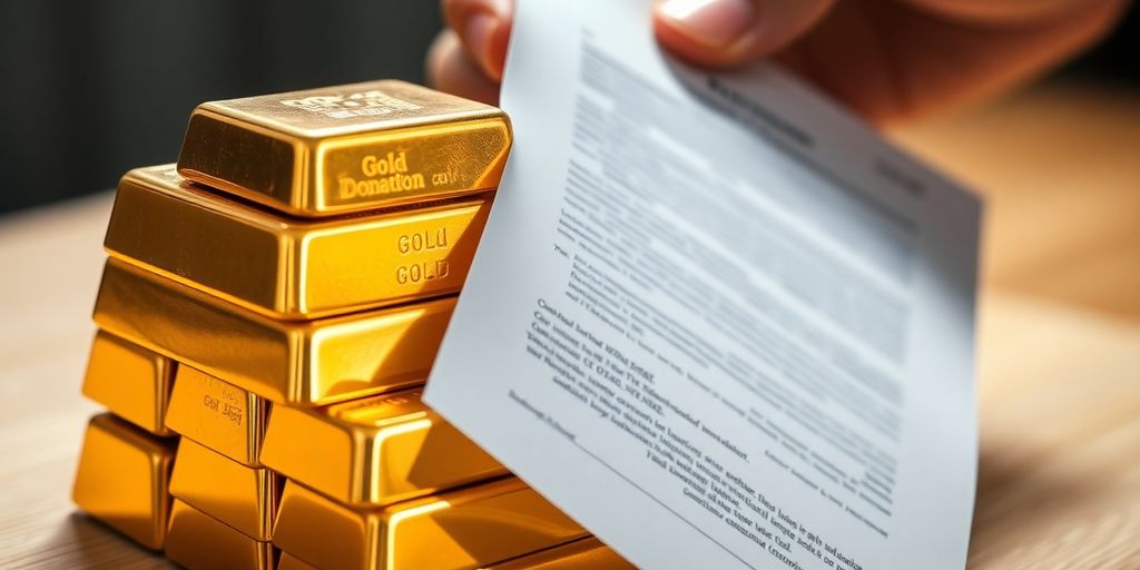 Barres d'or avec document légal flou en arrière-plan.