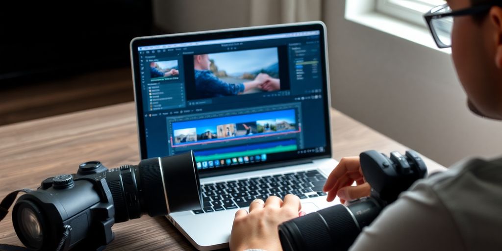 Photographer editing photos on laptop with camera
