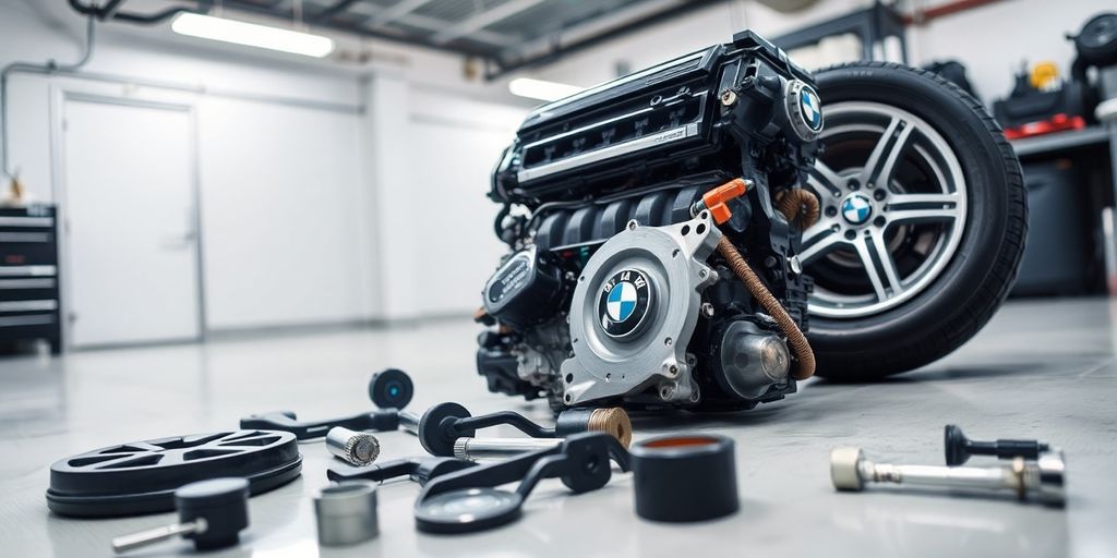 BMW car parts scattered on a garage floor.