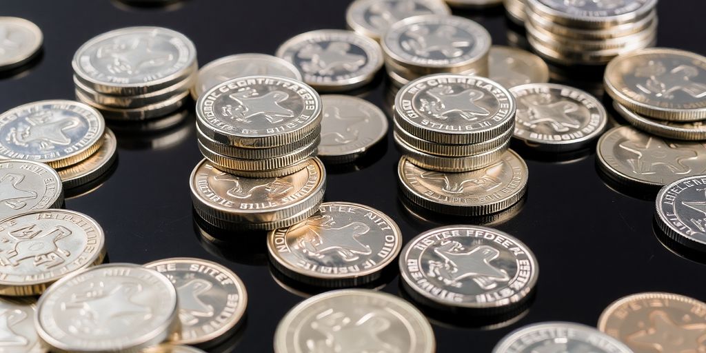 Pièces d'argent brillantes empilées et dispersées
