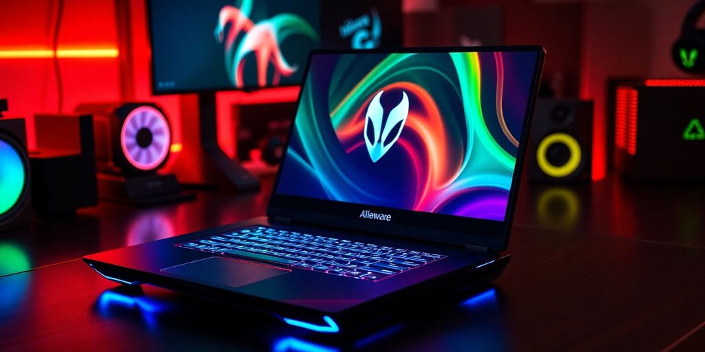 Laptop Alienware x17 R2 sobre uma mesa elegante.