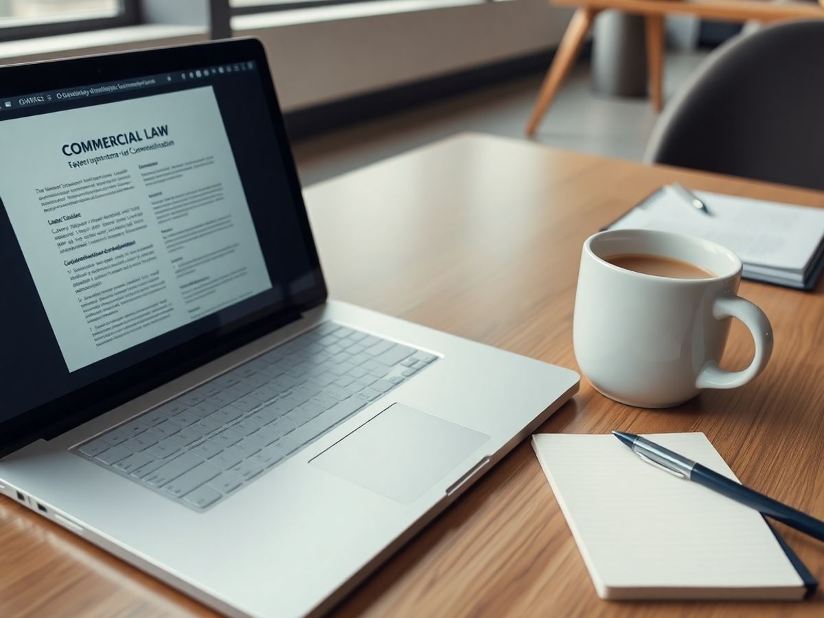 Birou modern cu laptop și documente legale.