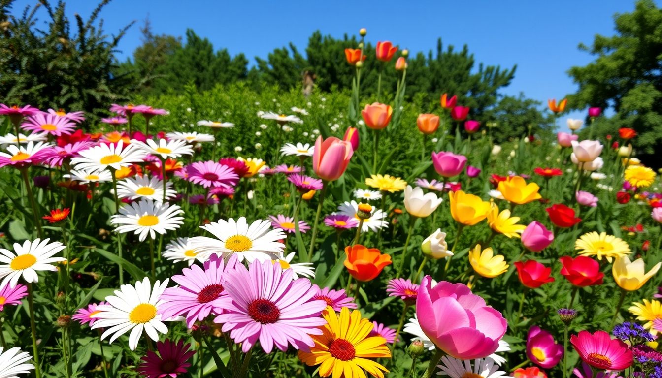 Colorful perennial flowers in a lush garden.