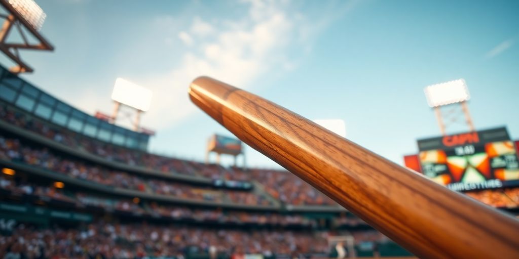 Baseball stadium lights illuminate the field at dusk.