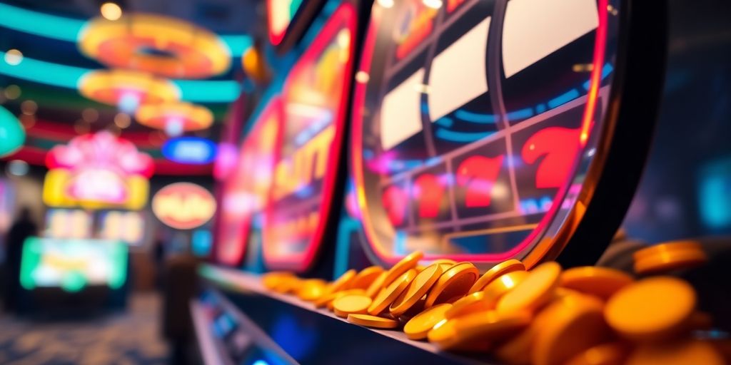 Spinning slot machine reels, bright coins, blurred casino background.
