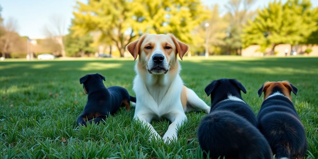 Calm dog sitting with playful puppies in a park.