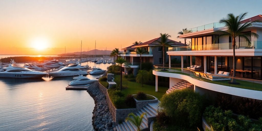Luxury villa with marina access at sunset in Thailand.