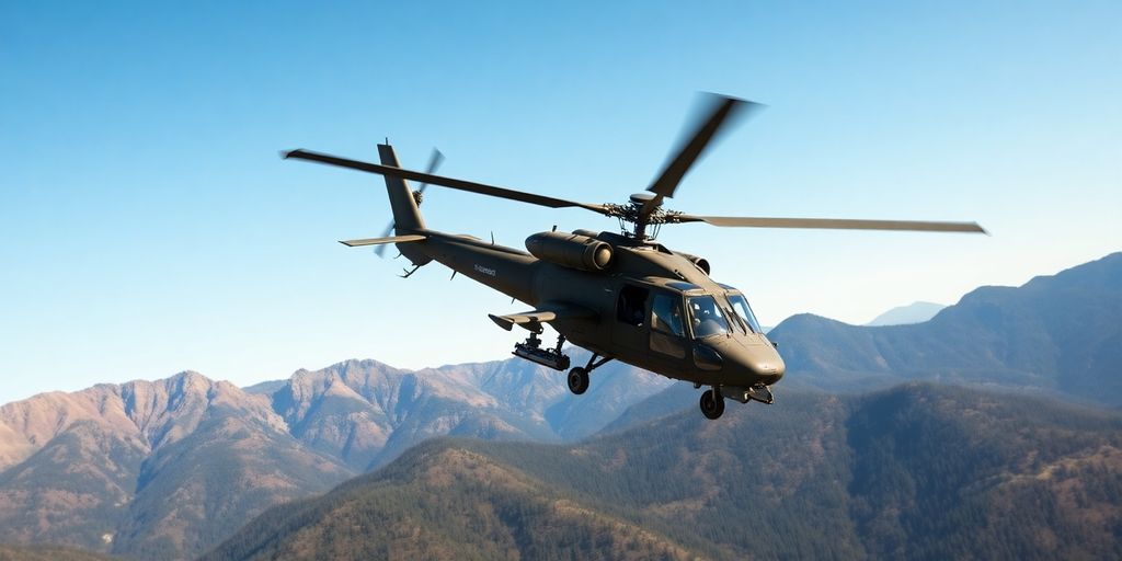 AH-64 Apache helicopter flying through mountains