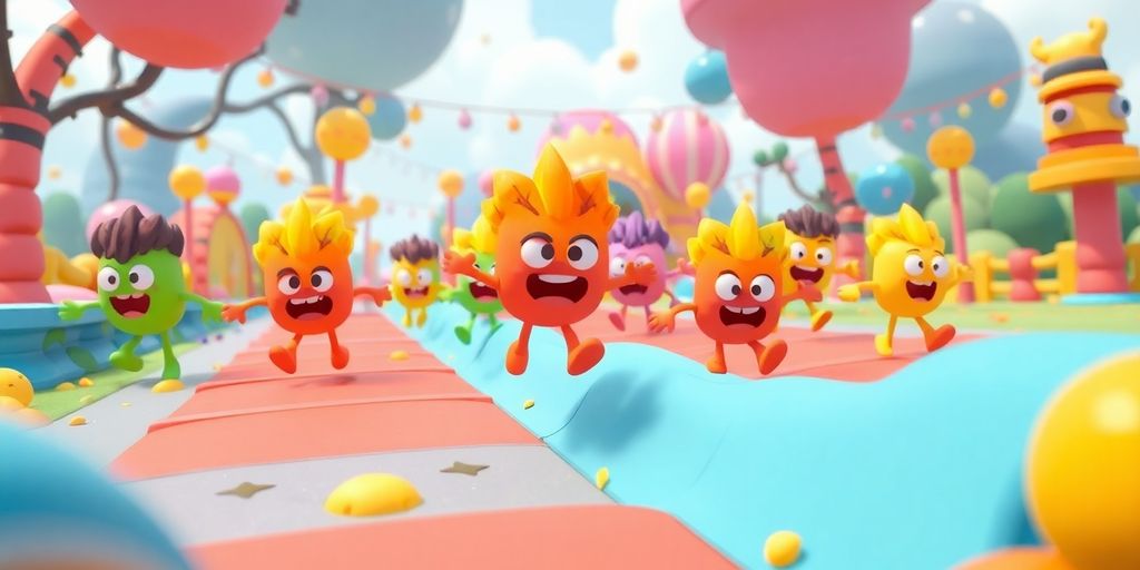 Colorful Fall Guys characters racing on a vibrant obstacle course.