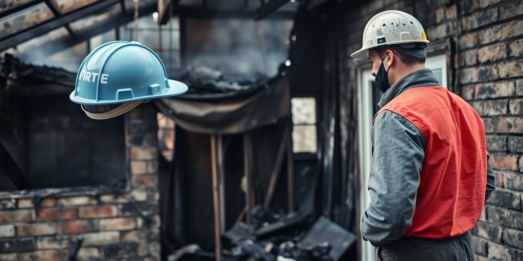 Fire damage restoration contractor inspecting a burned house.