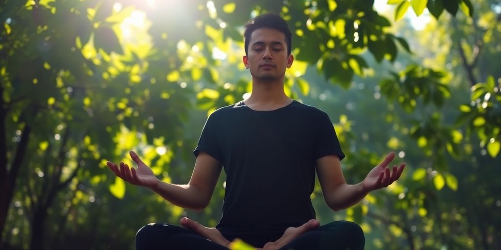 Person meditating peacefully outdoors in nature.