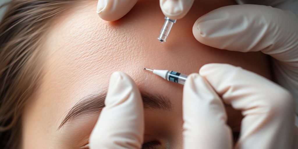 Person receiving a cosmetic injection in the forehead.