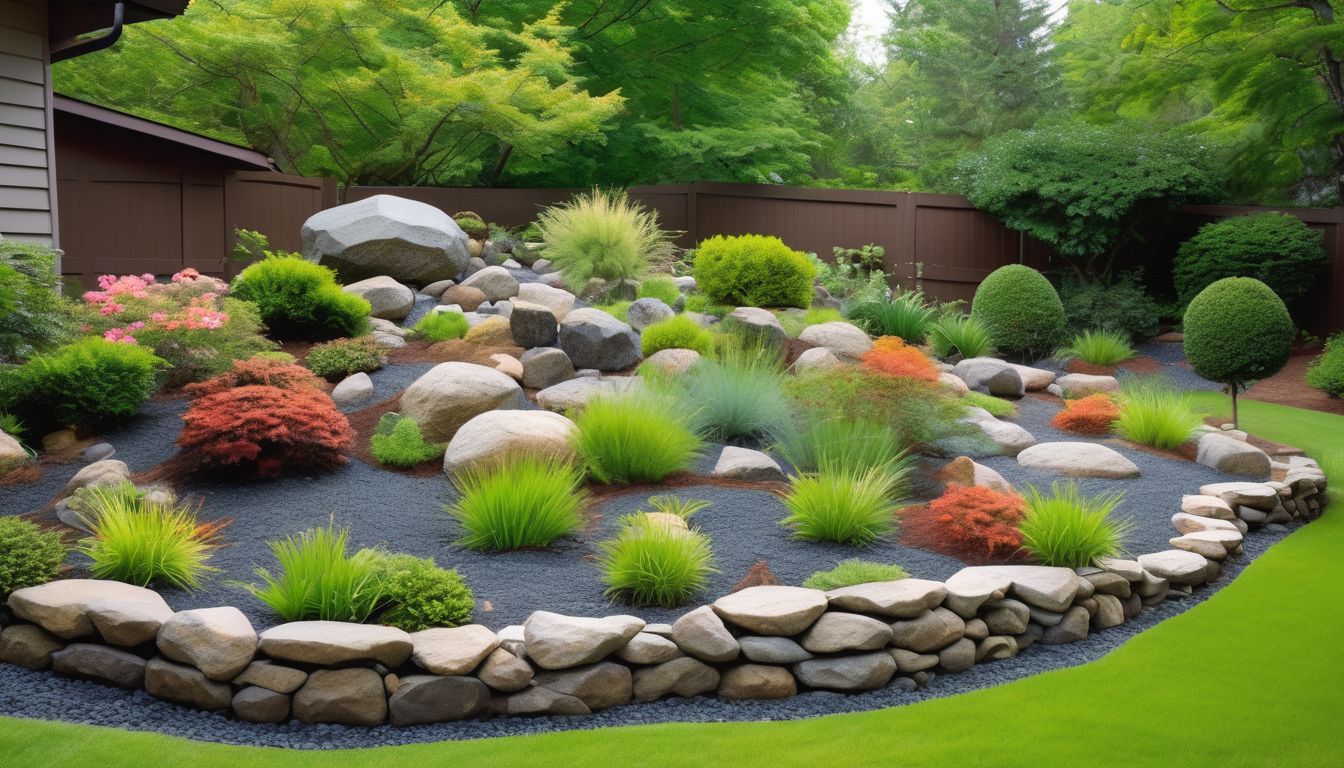 rock garden in a beautifully landscaped backyard