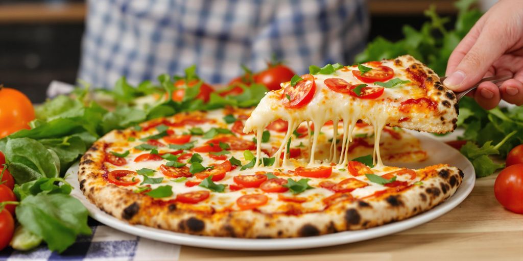 Delicious pizza slice surrounded by fresh vegetables on plate.