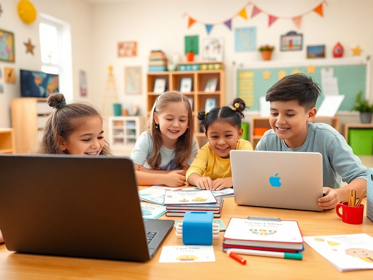 Copii învățând online, zâmbete și entuziasm.
