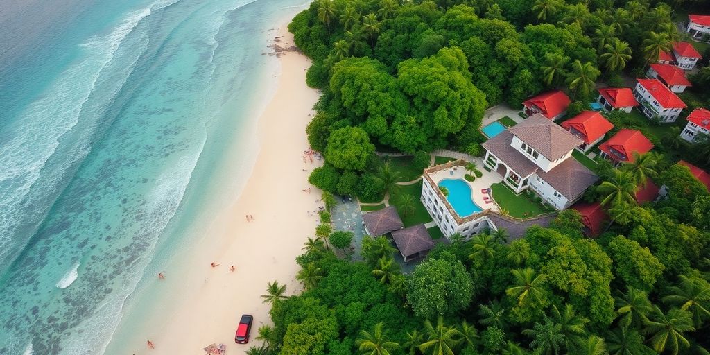 Aerial view of Kata rental properties by the beach.