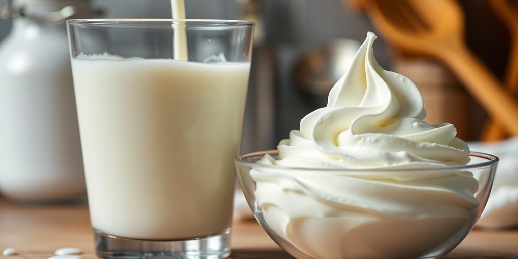 Glass of milk and bowl of whipped cream.