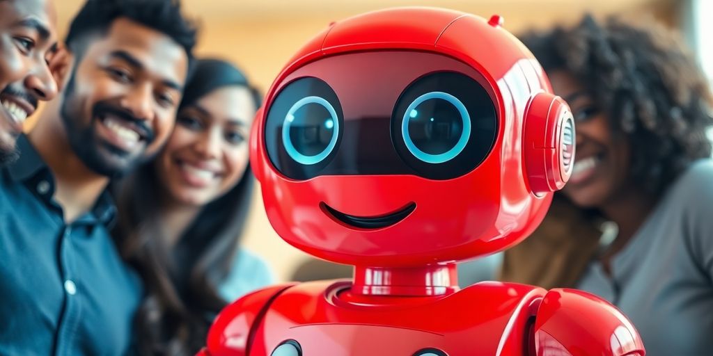 A friendly red robot engaging with people.
