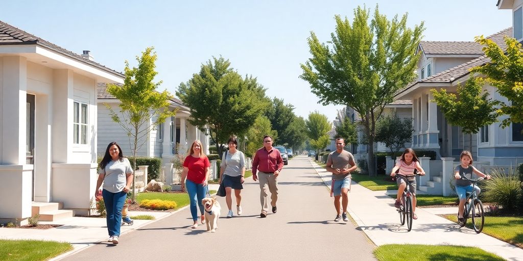 Suburban street, diverse families, children playing outdoors.