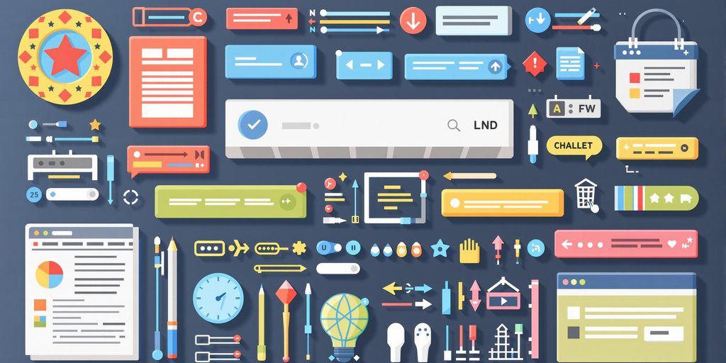 Colorful web elements illustrating HTML design concepts.