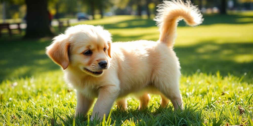 Puppy playing with adult dog in park