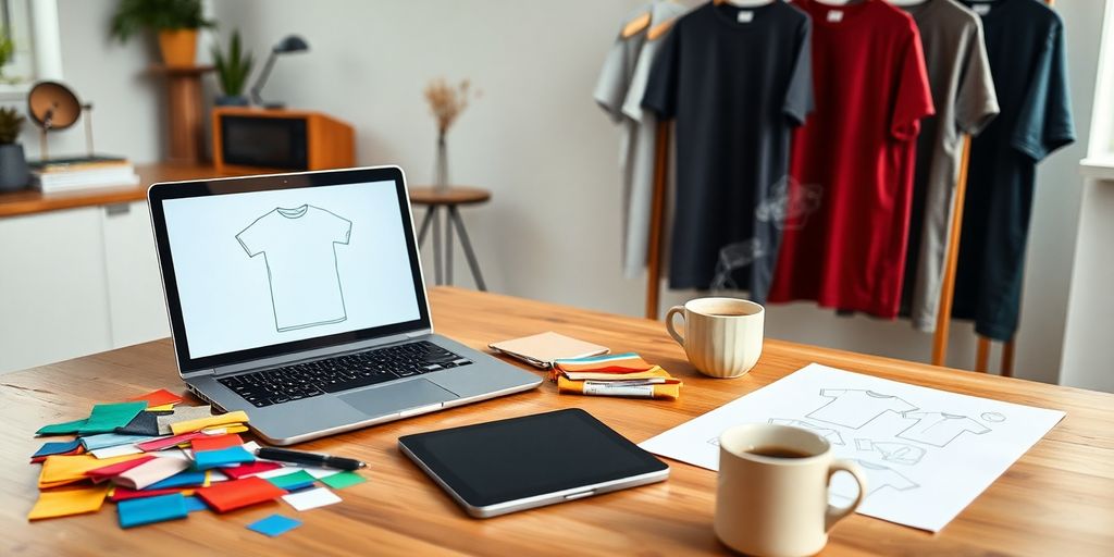 Home workspace with laptop, t-shirt designs, stylus tablet, coffee cup.