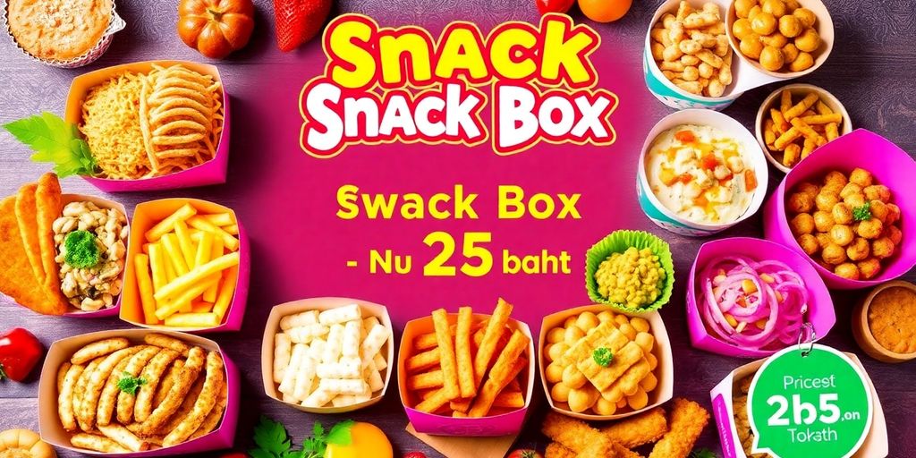 ภาพกล่องขนมที่มีอาหารหลากหลายและสีสันสดใส