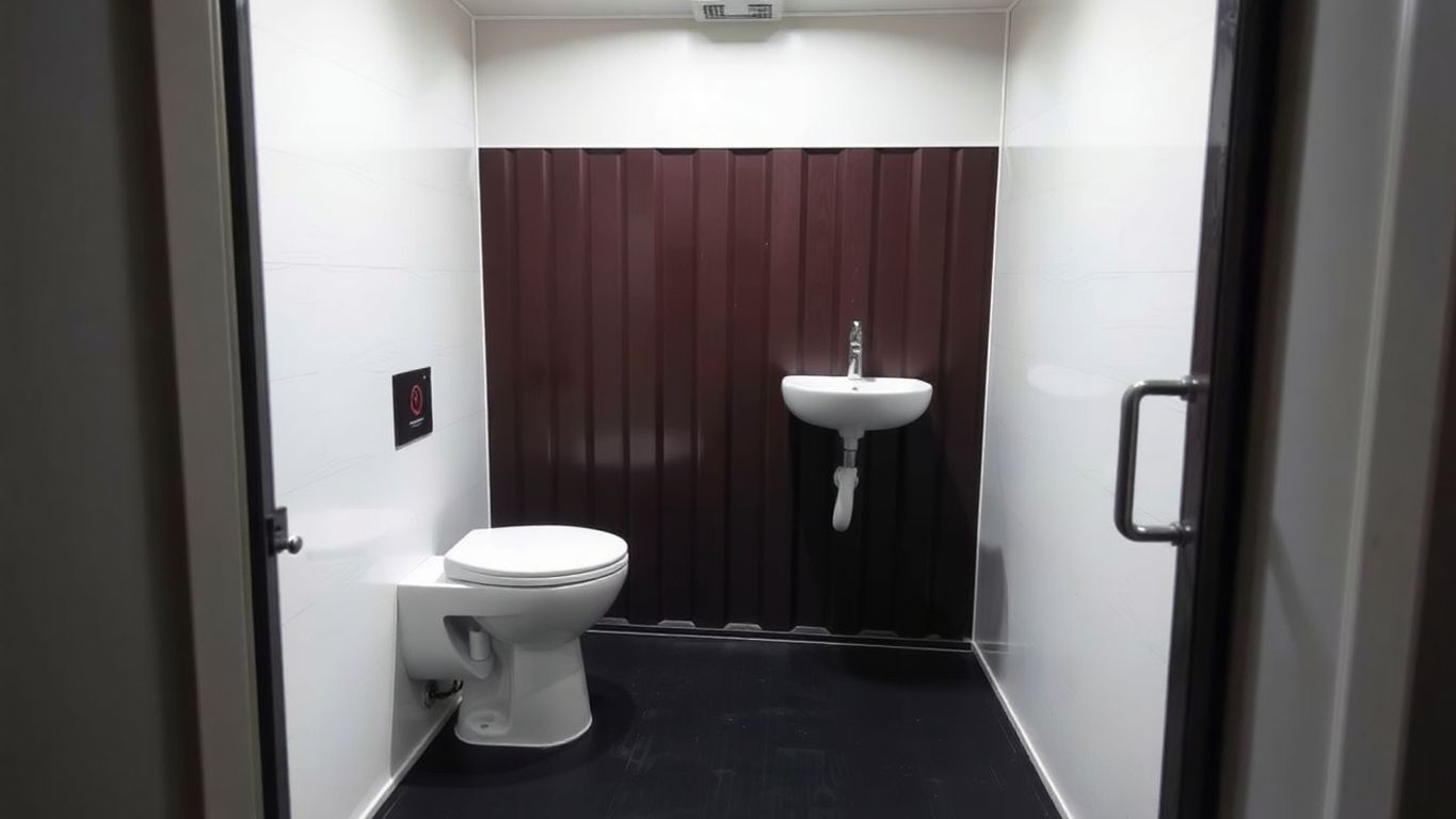 Shipping container bathroom interior with toilet and sink.
