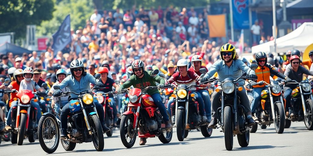 Motorcycle enthusiasts enjoying a lively motorsport event.