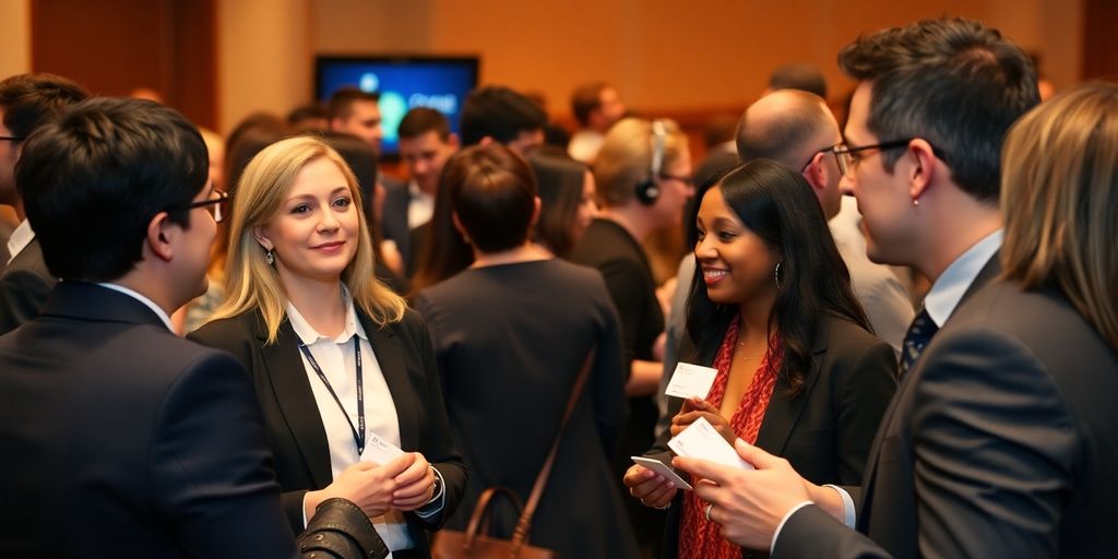 Networking event with professionals engaging in lively conversations.