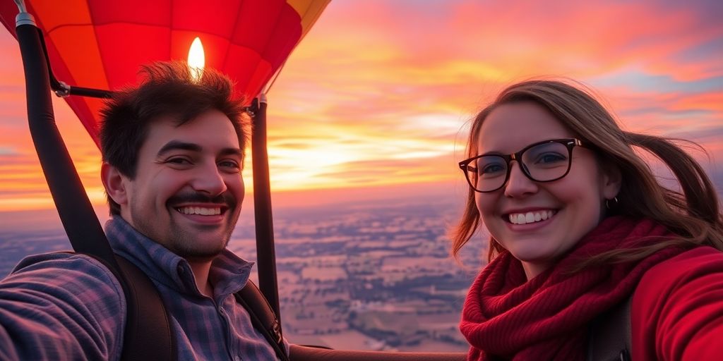 Couple enjoying a hot air balloon ride at sunset.