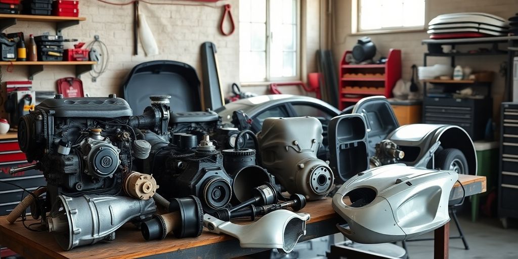 Fiat car parts on a workbench in a garage.