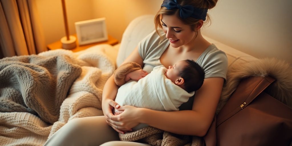 New mom holding her baby in a cozy setting.
