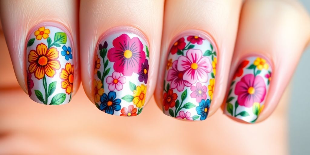 Unhas decoradas com flores coloridas e detalhadas.