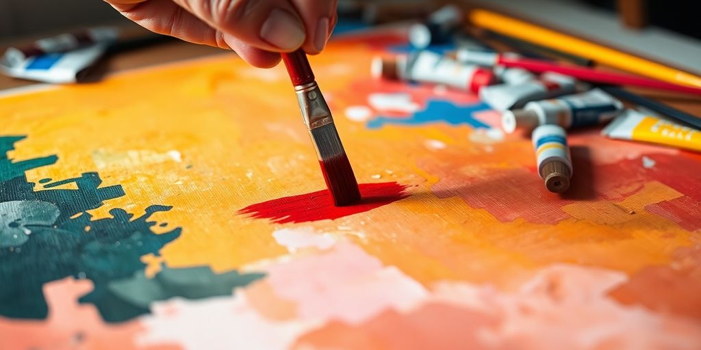 Colorful paint swatches, artist's hand.