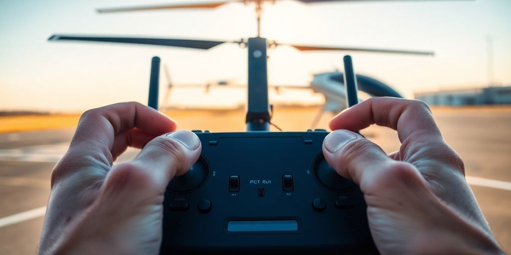 Hands holding a sophisticated remote control for an RC helicopter.