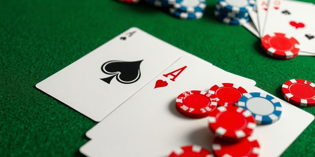 Blackjack cards and chips on a felt table.