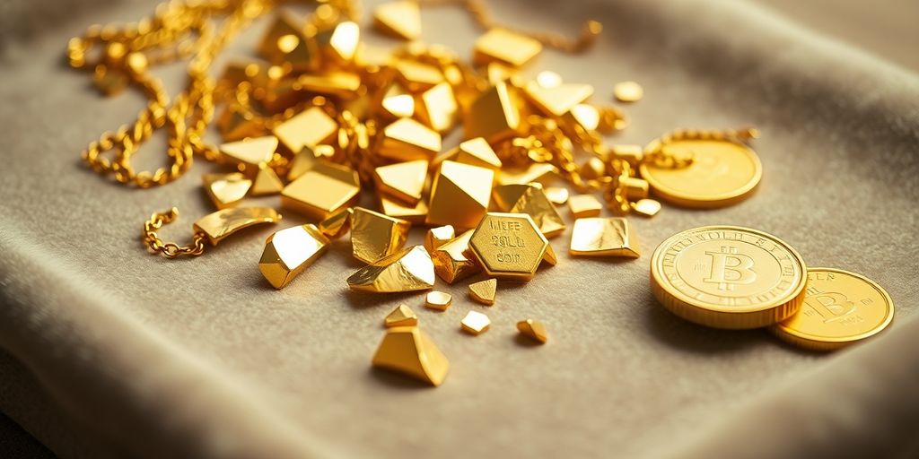 Bijoux en or cassés avec lingots et pièces à côté.