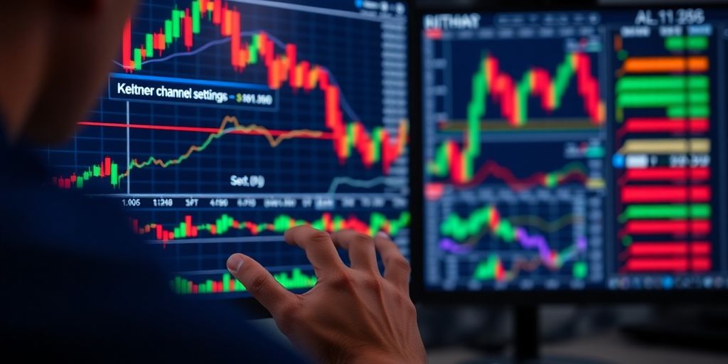 Trader reviewing Keltner Channel settings on a computer.