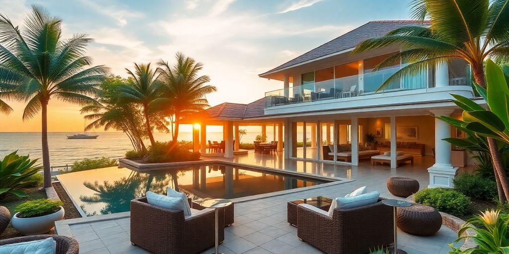 Luxurious beachfront villa in Thailand at sunset.