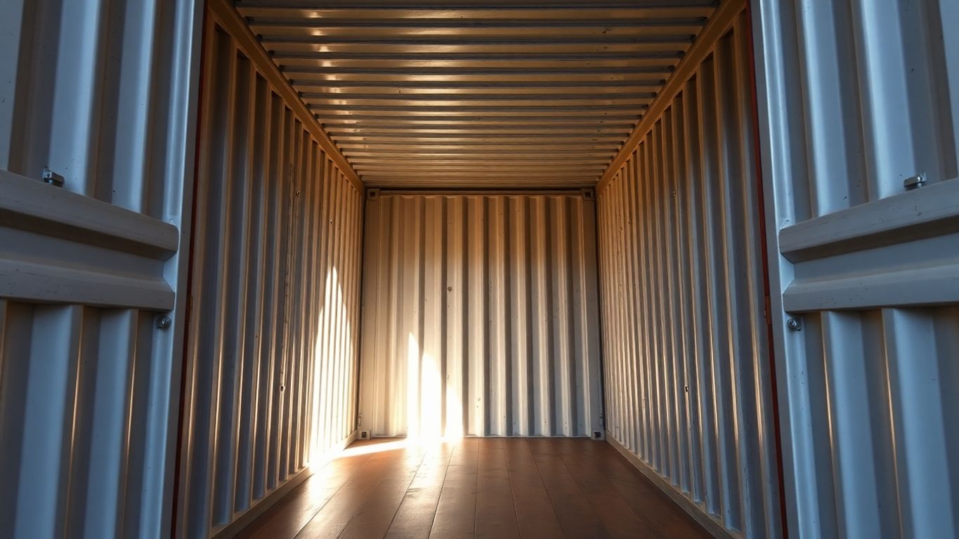 Interior of a large, empty shipping container.
