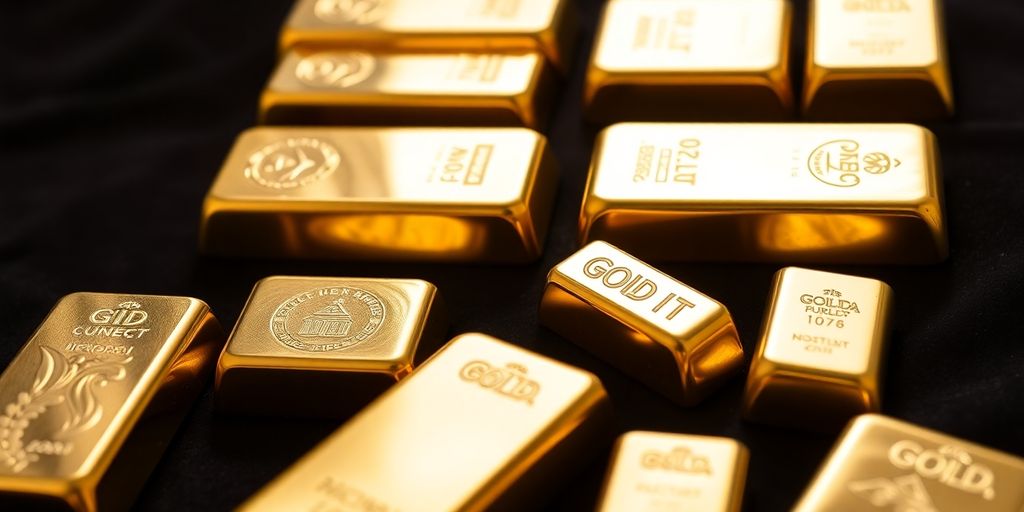 Lingots d'or de collection sur fond sombre.