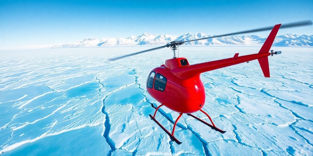 A red helicopter flies over a vast Alaskan glacier.