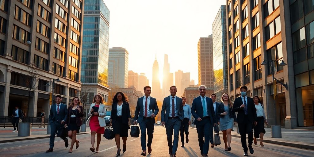 Diverse professionals walking past Philadelphia skyline near modern office buildings.