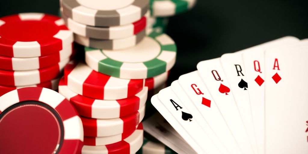 Casino chips and playing cards scattered on a felt surface.